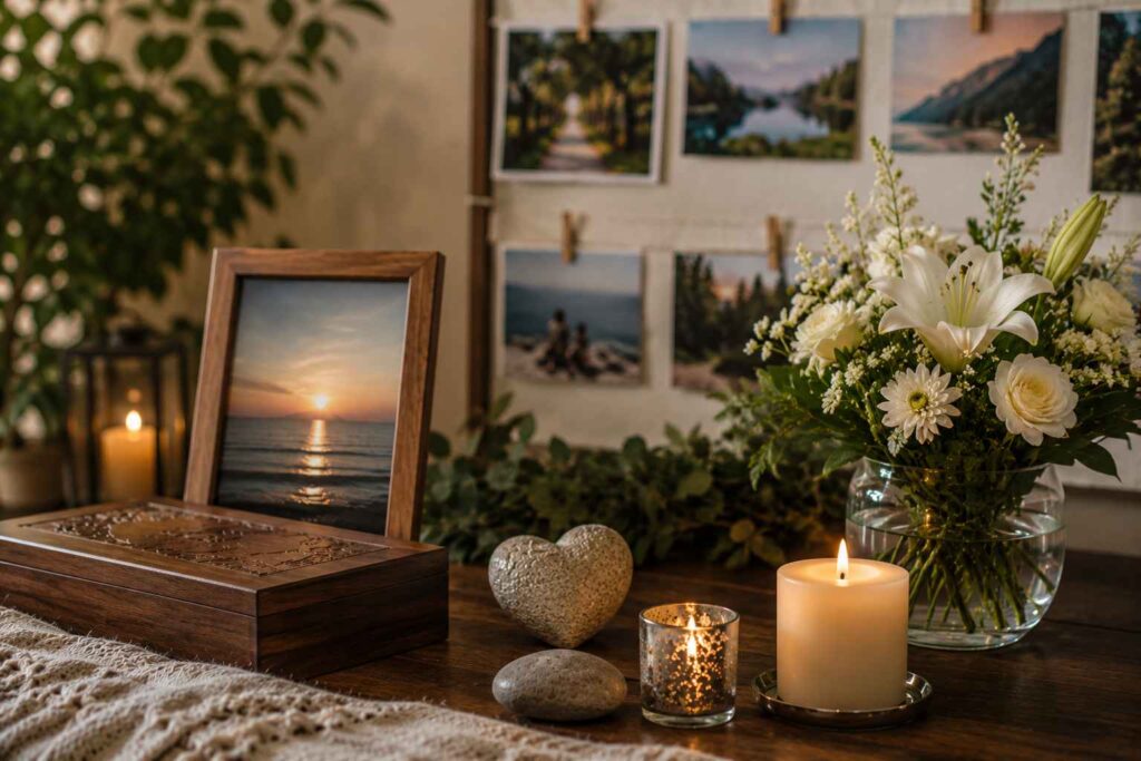 Memorial display with flowers, candles, framed photos, and keepsakes, creating a heartfelt tribute to a loved one in Ballwin, MO.