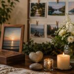 Memorial display with flowers, candles, framed photos, and keepsakes, creating a heartfelt tribute to a loved one in Ballwin, MO.
