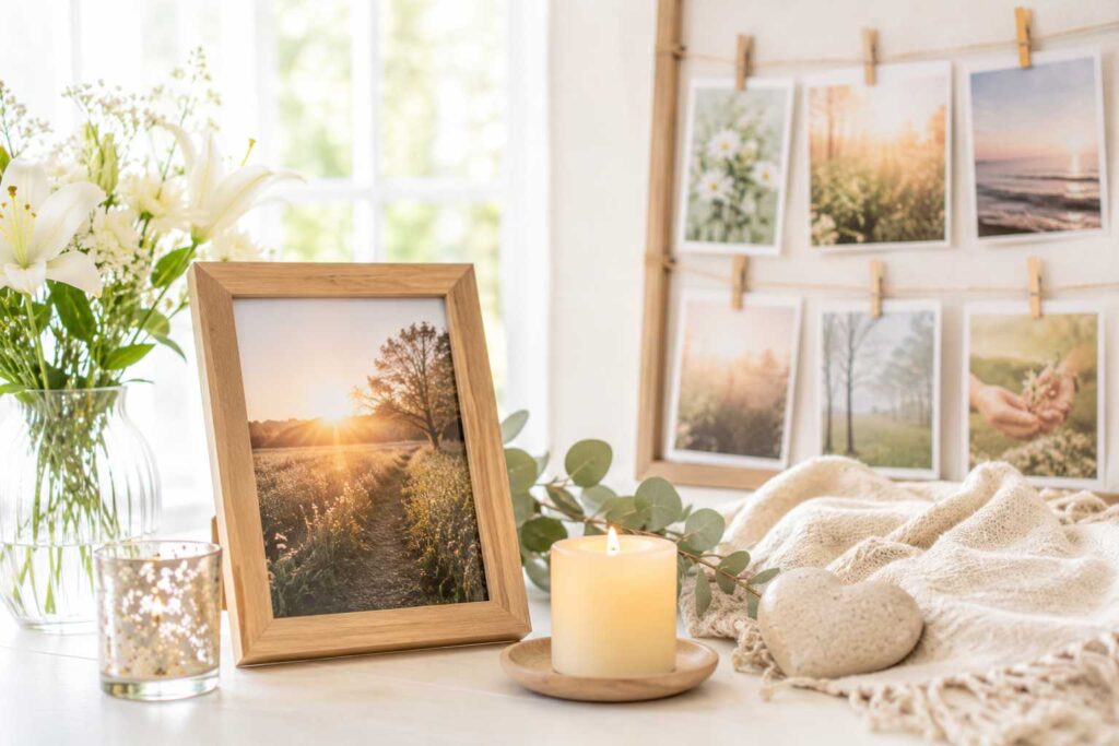 Memorial display with framed photo, flowers, candles, and cherished memories, creating a peaceful tribute setting in Ballwin, MO.