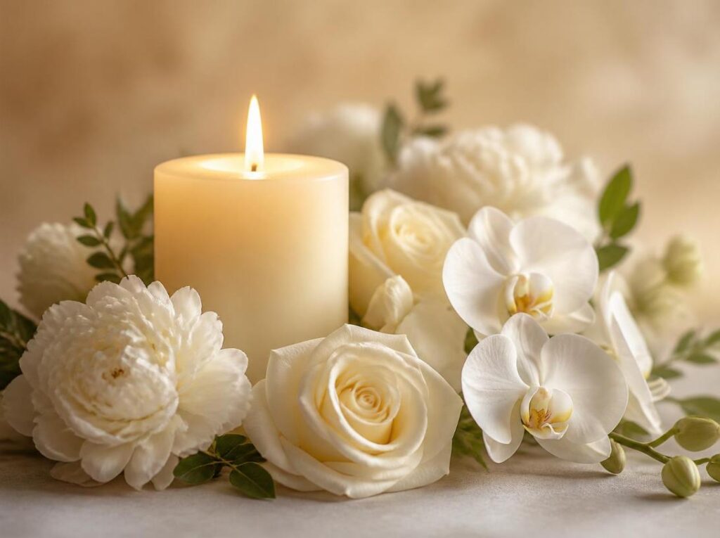 White candle centerpiece with elegant blooms, meaningful keepsakes, cremation services in St. Charles, MO