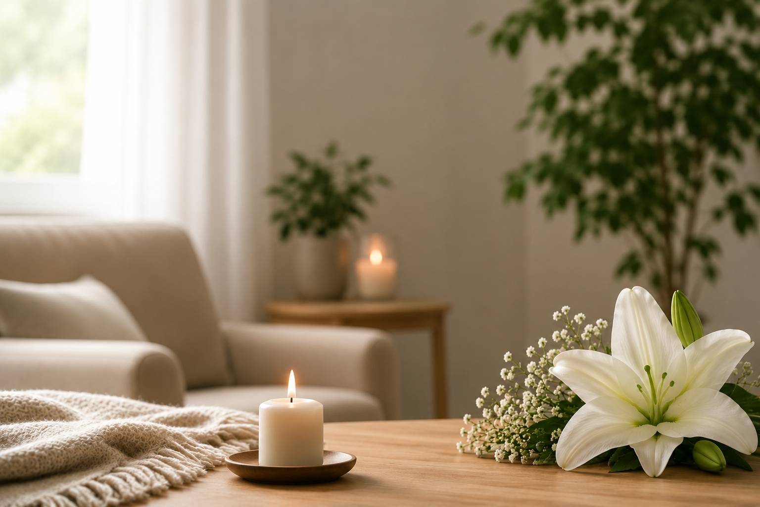 Memorial candle and white lily arrangement in a peaceful setting, reflecting compassionate cremation care and remembrance in St. Charles, MO.