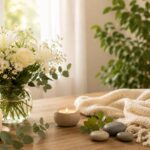 White floral arrangement and candles in a peaceful setting, reflecting compassionate cremation services and remembrance in St. Charles, MO.