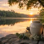 Memorial urn and candle beside tranquil lakeside sunset reflection landscape scene