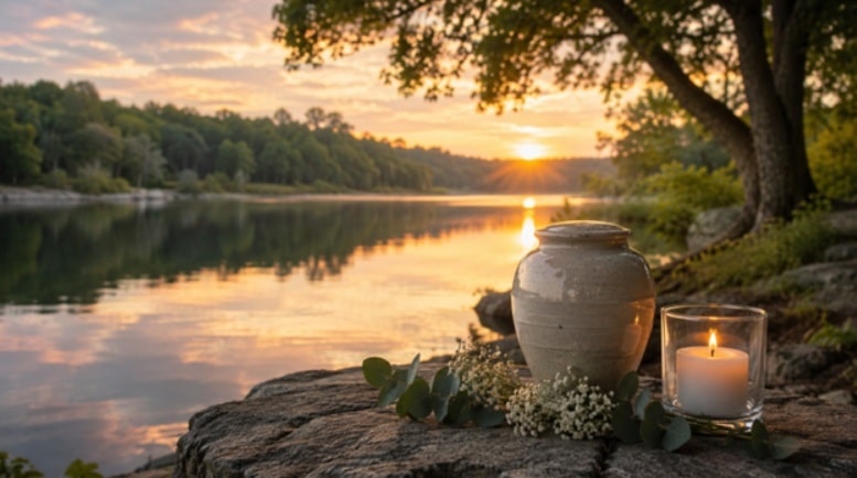 Memorial urn and candle beside tranquil lakeside sunset reflection landscape scene