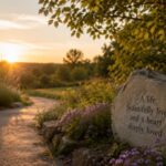 Memorial garden pathway at sunset with engraved remembrance stone and flowers