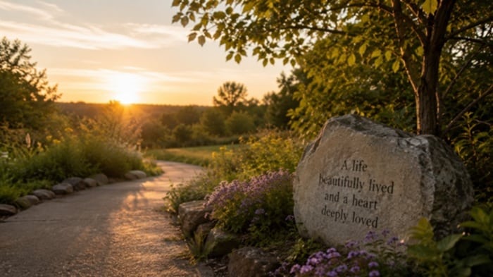 Memorial garden pathway at sunset with engraved remembrance stone and flowers