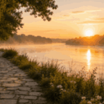 Peaceful riverside walking path with bench overlooking the water at sunset in St. Louis, MO