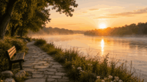 Peaceful riverside walking path with bench overlooking the water at sunset in St. Louis, MO