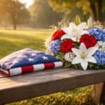 Floral tribute with lilies and red roses beside folded flag, cremation service St. Charles, MO
