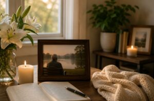 Memorial table with candles, lilies, framed photo, and journal in St. Charles, MO