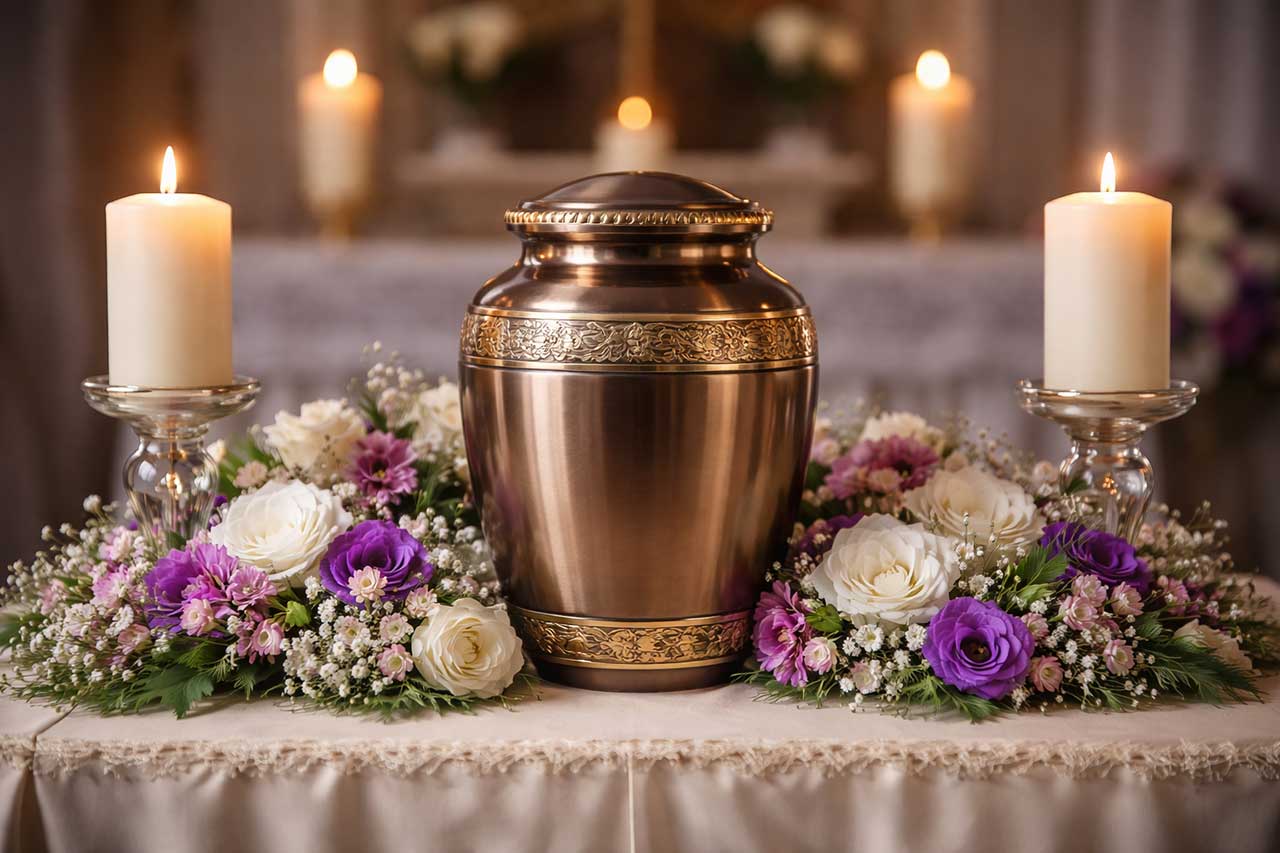 Ornate Bronze Cremation Urn on Altar Surrounded by White and Purple Flowers With Lit Candles