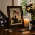 Military memorial display with folded flag, service photo, and remembrance items in St. Charles, MO