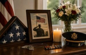 Military memorial display with folded flag, service photo, and remembrance items in St. Charles, MO