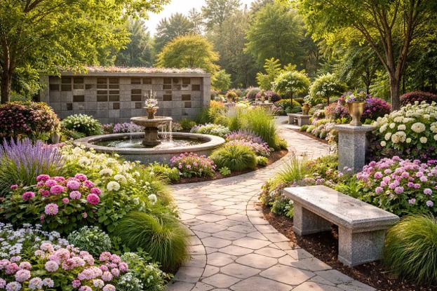 Beautiful Cremation Garden With Flower Beds, Stone Pathway, Fountain, and Memorial Niches