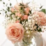 Soft peach rose bouquet with baby’s breath, simple cremation tribute, cremation service St. Louis, MO