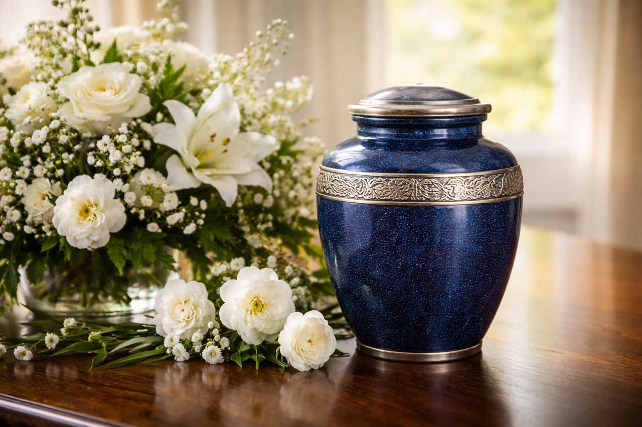 Ornate Blue Cremation Urn Beside White Flowers on Wooden Table