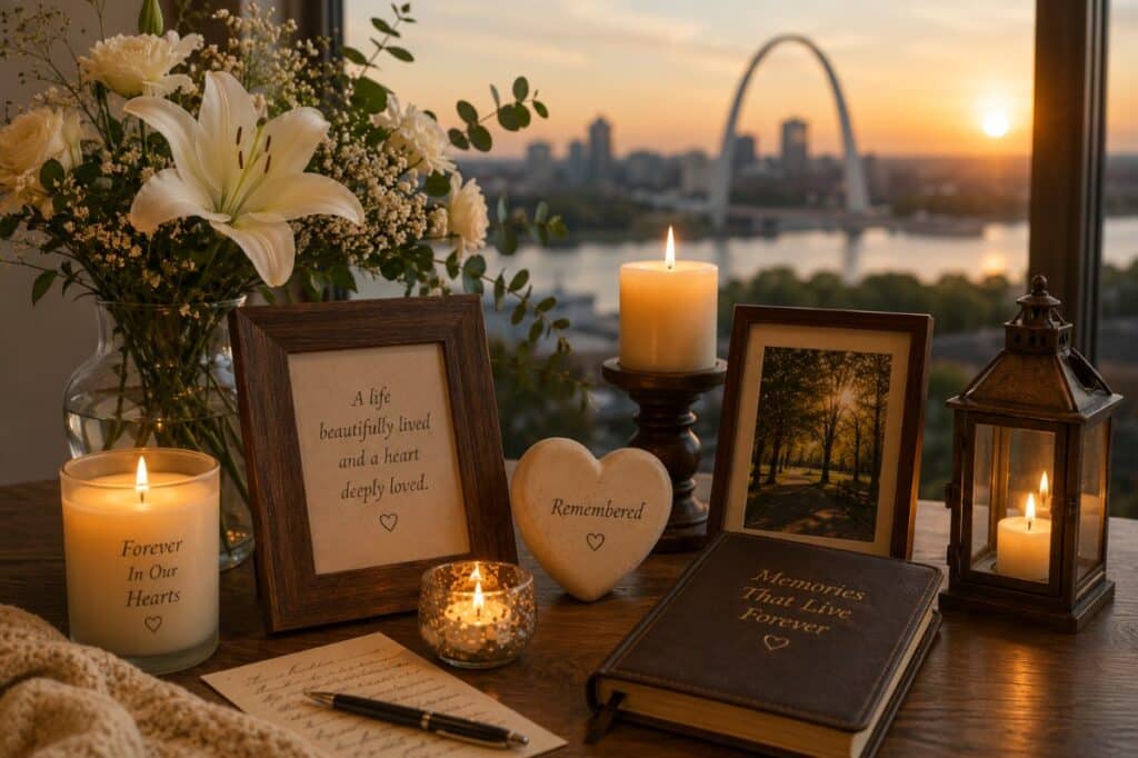 meaningful memorial keepsakes with candles and flowers after cremation service in St. Louis, MO