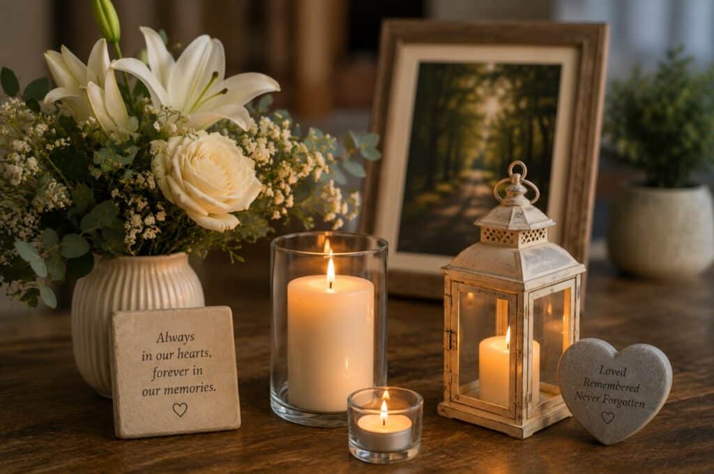 memorial candles and white floral arrangement honoring cherished memories in Ballwin, MO