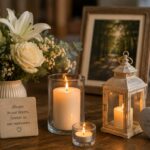 memorial candles and white floral arrangement honoring cherished memories in Ballwin, MO