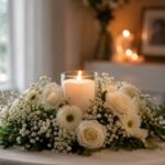 Memorial candle and white flowers representing a cremation service in St. Charles, MO.