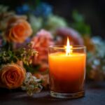 Memorial candle and flowers representing a cremation service in St. Louis, MO.