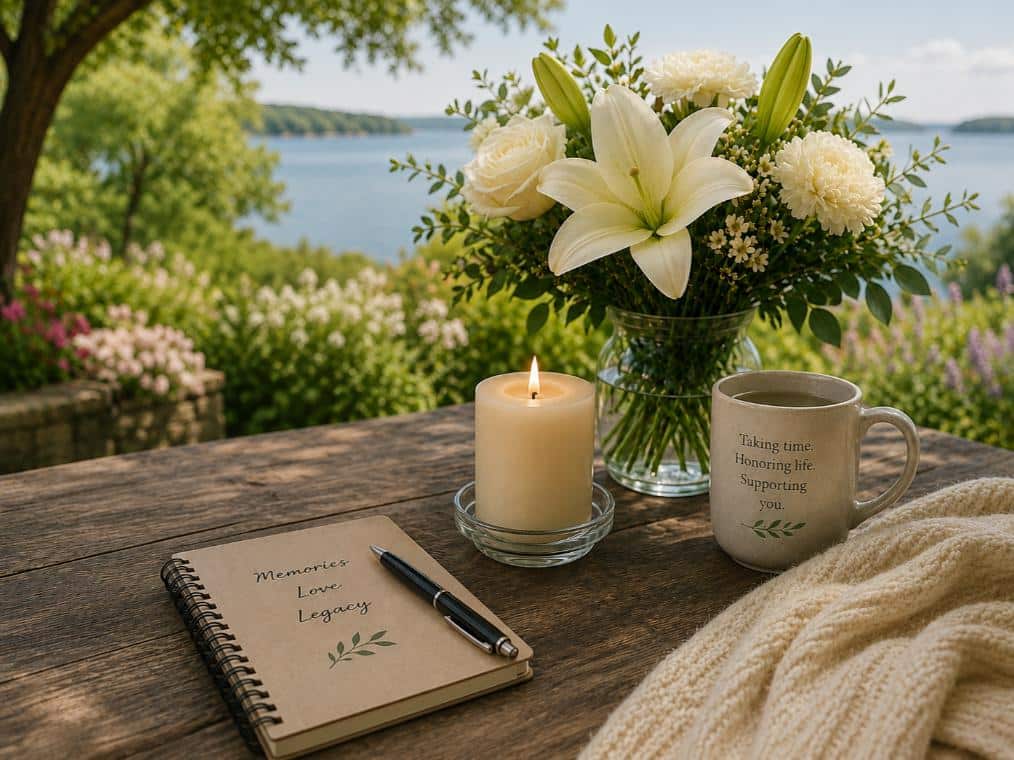Lakeside flowers and candle for cremation service in St. Louis, MO with gentle support