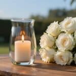 Candlelight and fresh white roses in calm setting, caring support, cremation service St. Charles, MO