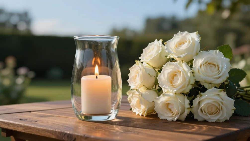 Candlelight and fresh white roses in calm setting, caring support, cremation service St. Charles, MO