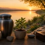 Memorial urn, candle, and potted plant beside a peaceful lake at sunset, symbolizing remembrance and cremation service in St. Louis, MO