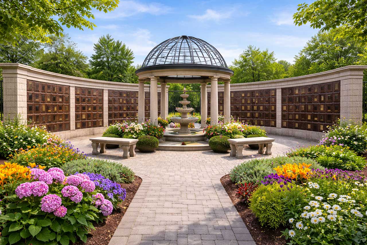 Columbarium Garden with Memorial Niches, Fountain, and Flower Beds on Bright Sunny Day