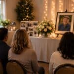 Guests gather before a memorial display at a celebration of life, cremation service St. Louis, MO