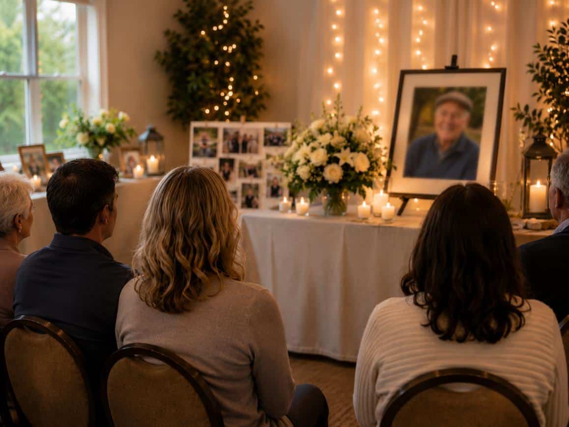 Guests gather before a memorial display at a celebration of life, cremation service St. Louis, MO