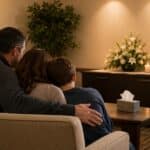 Parents comfort their child in a peaceful farewell room, cremation service Ballwin, MO