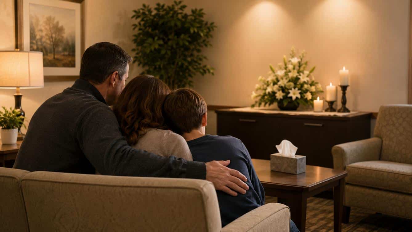 Parents comfort their child in a peaceful farewell room, cremation service Ballwin, MO
