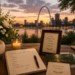 St. Louis skyline, flowers, and candle create a tribute, cremation service St. Louis, MO