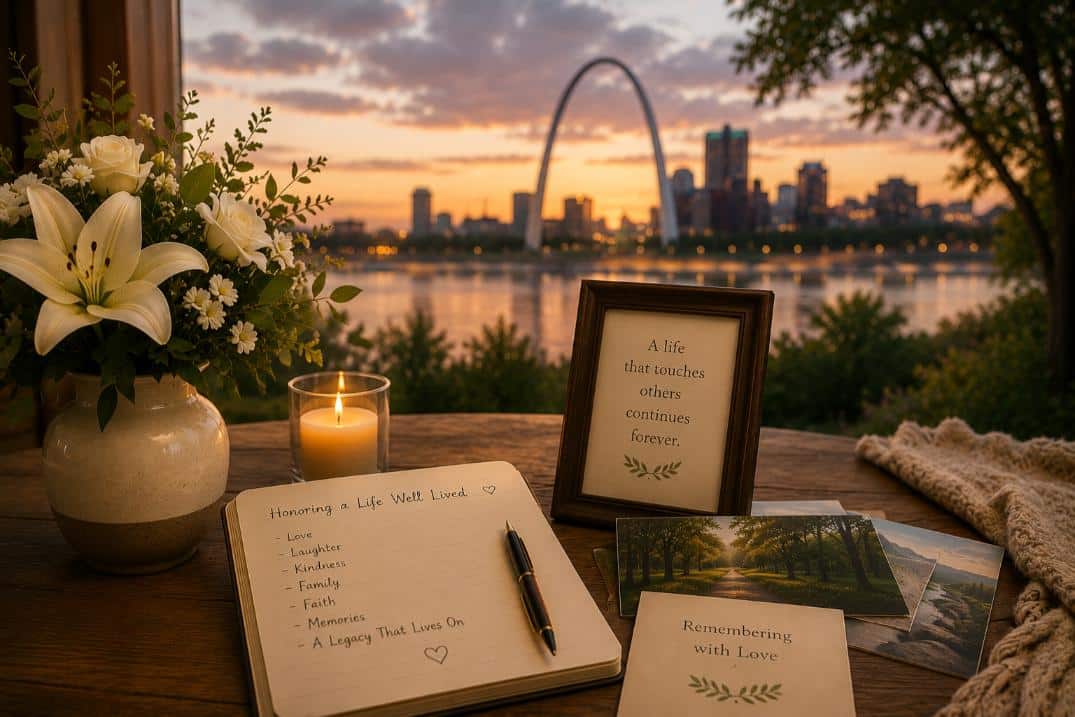 St. Louis skyline, flowers, and candle create a tribute, cremation service St. Louis, MO