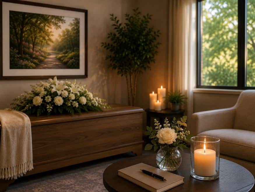 Private viewing room with flowers and soft candlelight supports remembrance in St. Charles, MO