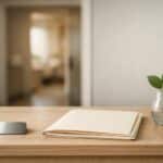 Blank identification tag and document folder on a quiet on-site crematory reception counter with a softly lit interior doorway.
