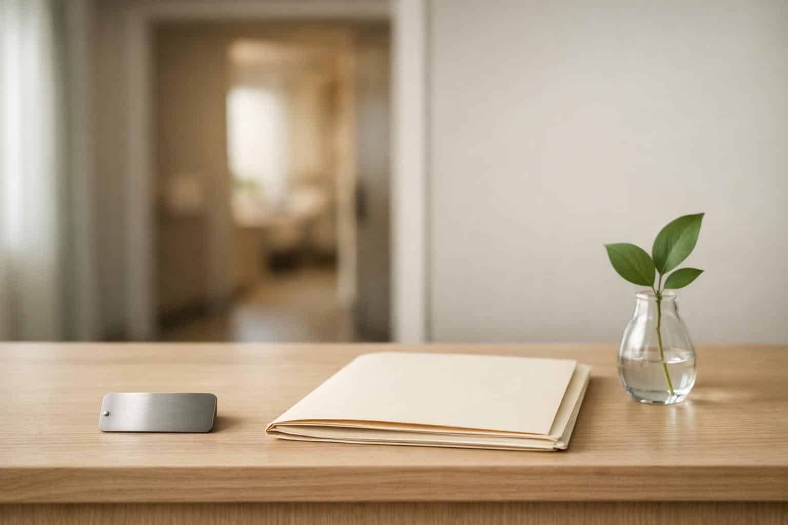 Blank identification tag and document folder on a quiet on-site crematory reception counter with a softly lit interior doorway.