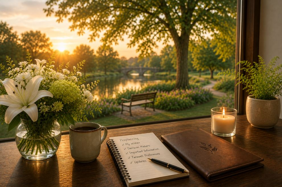 Planning notebook and peaceful garden view support thoughtful cremation choices in St. Charles, MO