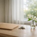 Closed document folder, house keys, and a dogwood sprig on a sunlit home table for quiet cremation arrangements.