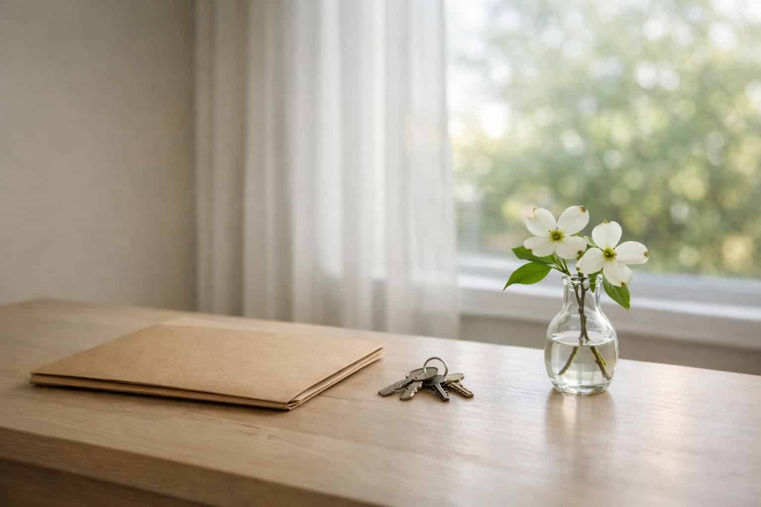 Closed document folder, house keys, and a dogwood sprig on a sunlit home table for quiet cremation arrangements.